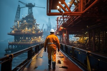 An offshore oil rig worker walks to an oil and gas facility to work in the process area. maintenance and services in hazardous areas - obrazy, fototapety, plakaty