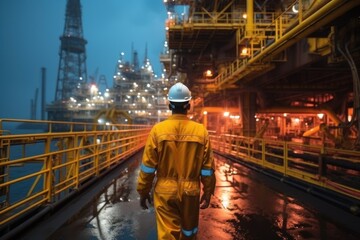 An offshore oil rig worker walks to an oil and gas facility to work in the process area. maintenance and services in hazardous areas