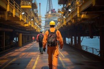 An offshore oil rig worker walks to an oil and gas facility to work in the process area. maintenance and services in hazardous areas