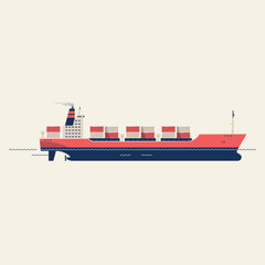 Marine vessel carrying containers. Flat vector illustration