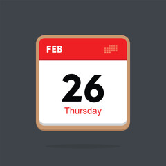 thursday 26 february icon with black background, calender icon