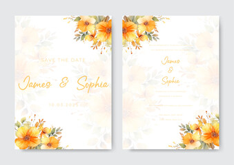 floral wedding invitation template set with elegant brown leaves decoration