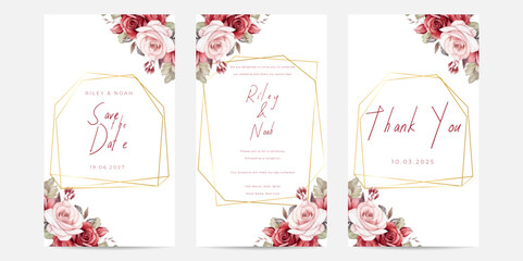 Wedding invitation with watercolor dahlias and rose