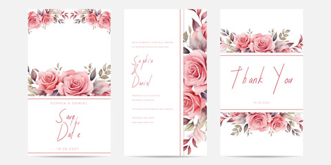Wedding invitation with watercolor dahlias and rose