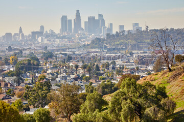 Fototapeta na wymiar Skyline of Los Angeles from the hills of east LA, California on a sunny day