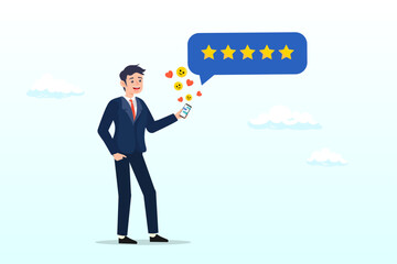 Satisfied man holding mobile giving 5 stars rating feedback, customer feedback from mobile application, rating or user experience, scoring and satisfaction, product quality and online survey (Vector)