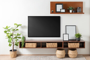 a TV room and frame on a wall in a living room, Set of black portrait picture frame mockups,...