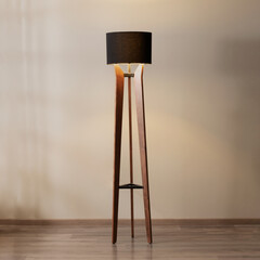 A modern floor lamp has a wooden base and black shade, and stylish design