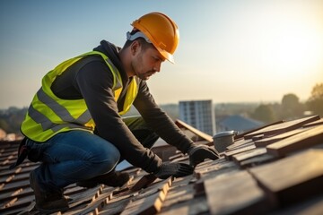A construction worker wears a seat belt while working on the roof structure of a building at a construction site. Install concrete roof tiles on the roof above.