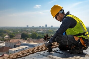 A construction worker wears a seat belt while working on the roof structure of a building at a construction site. Install concrete roof tiles on the roof above.