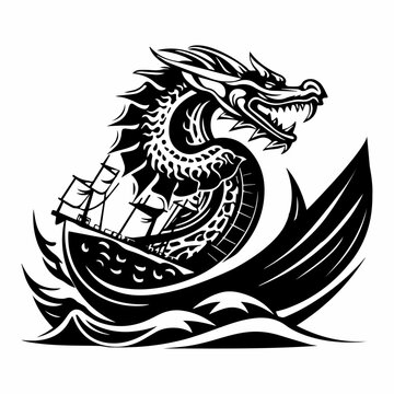 Black dragon boat silhouette, isolated on white background, vector illustration.