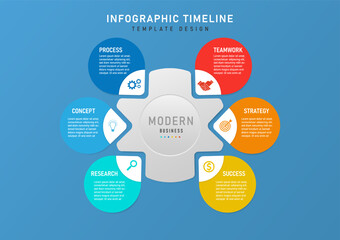 infographic timeline 6 steps success business planning circular multi colored pointed lined corner icons white centered letters blue gradient background Design for project, marketing, product