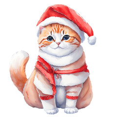 Cute Cat Wear Santa Claus Suit in Watercolor Style