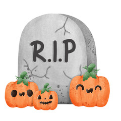 Gravestone rip with cute ghost Halloween rip watercolor illustration element png 