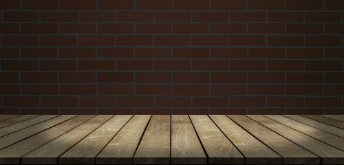 Old and shiny wooden table. brick block wall background dim and dark vision