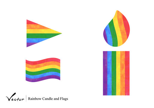 Set of vector illustrations of rainbow candles and two types of rainbow flags.LGBTQ.