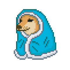 Fototapeta premium Drawing of a dog covering itself with a blanket, pixel art meme 