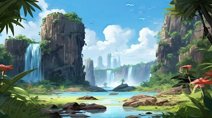 A jungle with rocks and trees features a waterfall. (Generative AI)