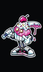 Cute cake character holding a sword. Vector cartoon character and mascot Flat Cartoon Style