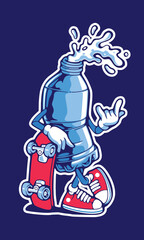 Water bottle skateboarding premium vector illustration, Flat Cartoon Style