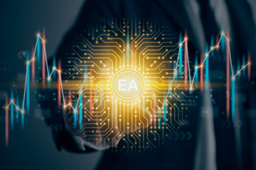Businessman Touch Screen and EA Expert Advisor Icon in Vintage Tone