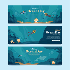 World Ocean day Concept Art Set. illustration of a blue Ocean day in a fish-shaped frame with a turtle and a sailor, jellyfish and fish on a light blue background.