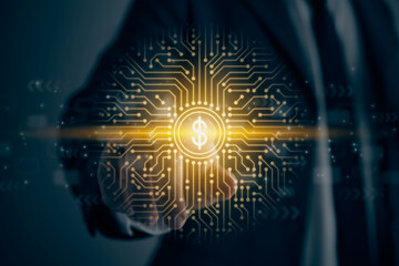 Businessman Touch Screen and Dollar Money Currency Symbol in Vintage Tone