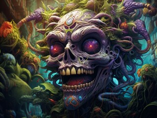 Illustration a unique and captivating skull with unconventional hair and mesmerizing eyes created with Generative AI technology