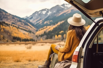 View of young woman traveler sitting on hatchback car , Happy woman traveler looking at mountain background , Created with Generate Ai Technology