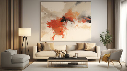 Stylish Living Room Interior with an Abstract Frame Poster, Modern interior design, 3D render, generative AI