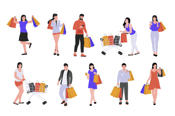 Collection set of people shopping with bags and trolley. Sale offer, joyful guy and girl. Flat vector illustration isolated on white background
