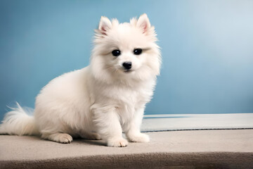 Fototapeta na wymiar portrait of cute fluffy white fluffy dog japanese spitz on neutral natural background created with generative ai technology
