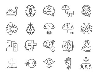 Neural network icon set. It included ai, brain, learning machines, technology, artificial, and more icons. Editable Vector Stroke.
