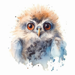 there is a watercolor painting of a small owl with big eyes. generative ai.