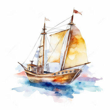 there is a watercolor painting of a boat in the ocean. generative ai.