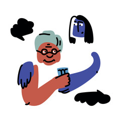 Caring for family members. The daughter gives her mother water in a glass. A friendly pat on the shoulder. Social worker. Help and care for the elderly. Vector illustration in cartoon flat style.