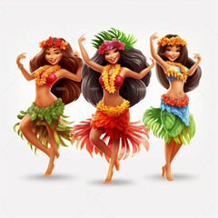 three beautiful hawaiian hula dancers in grass skirts and flower garlands. generative ai.