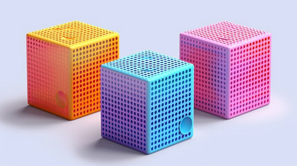 three colorful speakers are sitting side by side on a blue surface. generative ai.
