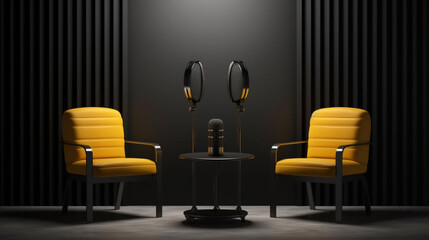 yellow chairs in a dark room with a lamp and a table. generative ai.