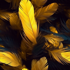 yellow feathers are scattered together in a dark room. generative ai.