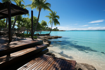 Obraz na płótnie Canvas Idyllic beachfront view, wooden platform, palm trees, crystal-clear waters, blue skies Generative AI