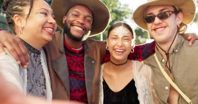 Selfie, friends and happiness outdoor, festival and social gathering, people at event and bonding. Live streaming, men and women, diversity and smile in picture at camp, fun and freedom at reunion