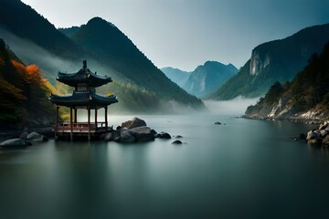 Obraz premium Korean Lake and Pavilion Generative AI