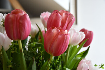 Red and white tulips in a flower vase in closeup