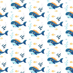 Seamless pattern with cute shark and algae on white background