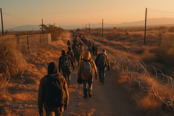 Shadows of migrants pressing forward, their path filled with hope Generative AI