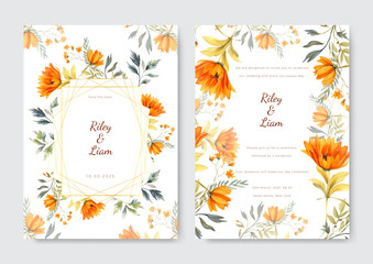 Watercolor wedding invitation template set with floral and leaves decoration.