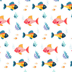 Seamless pattern with cute tropical fish on white background