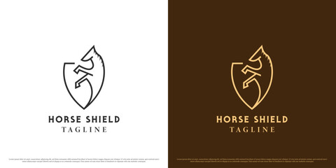 Horse shield logo design illustration. Abstract flat shield stallion silhouette icon simple minimalist modern linear line modern farm animal head mascot.