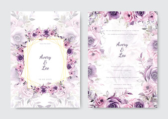 Watercolor wedding invitation template set with floral and leaves decoration.